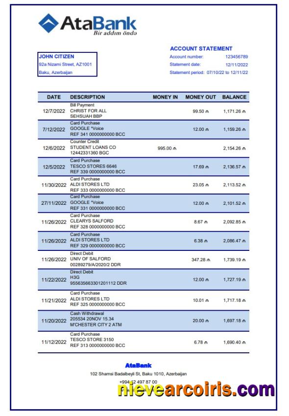 Azerbaijan AtaBank bank statement